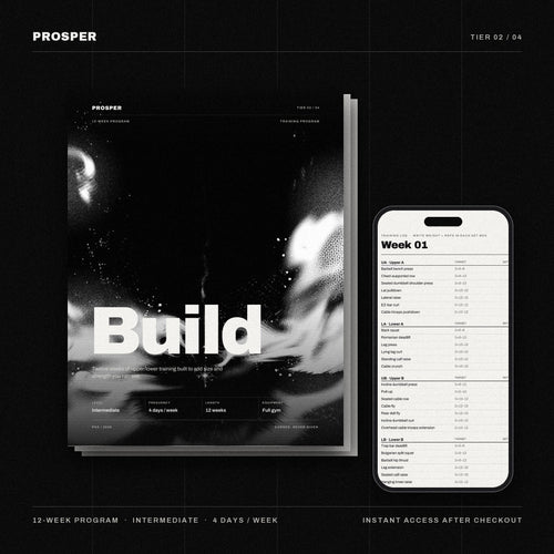 PROSPER BUILD 12-week program: cover and week 1 training log on a phone