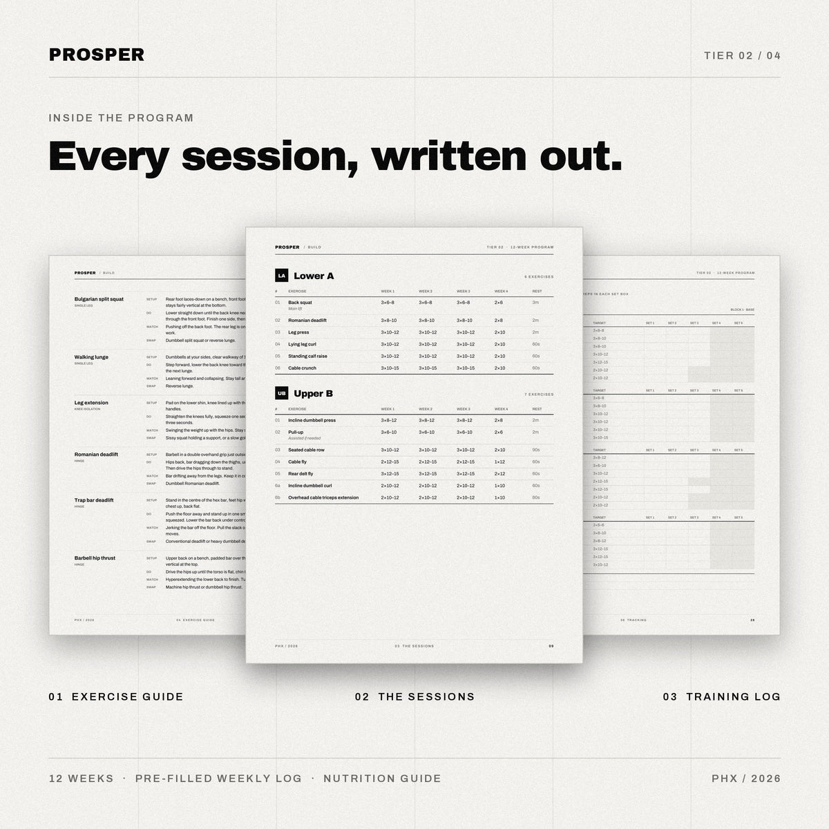 Inside PROSPER BUILD: exercise guide, written sessions and weekly training log