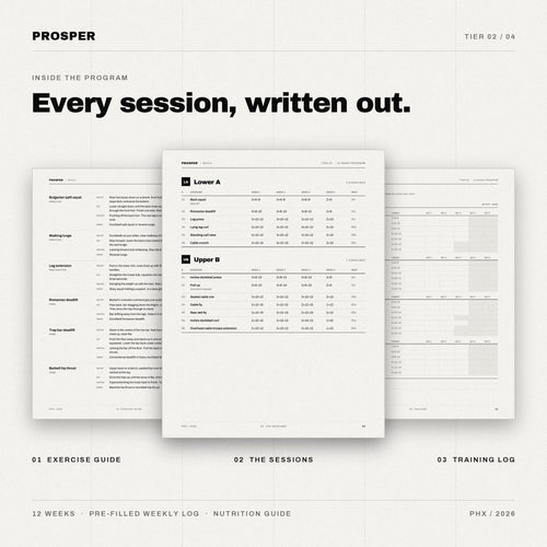 Inside PROSPER BUILD: exercise guide, written sessions and weekly training log