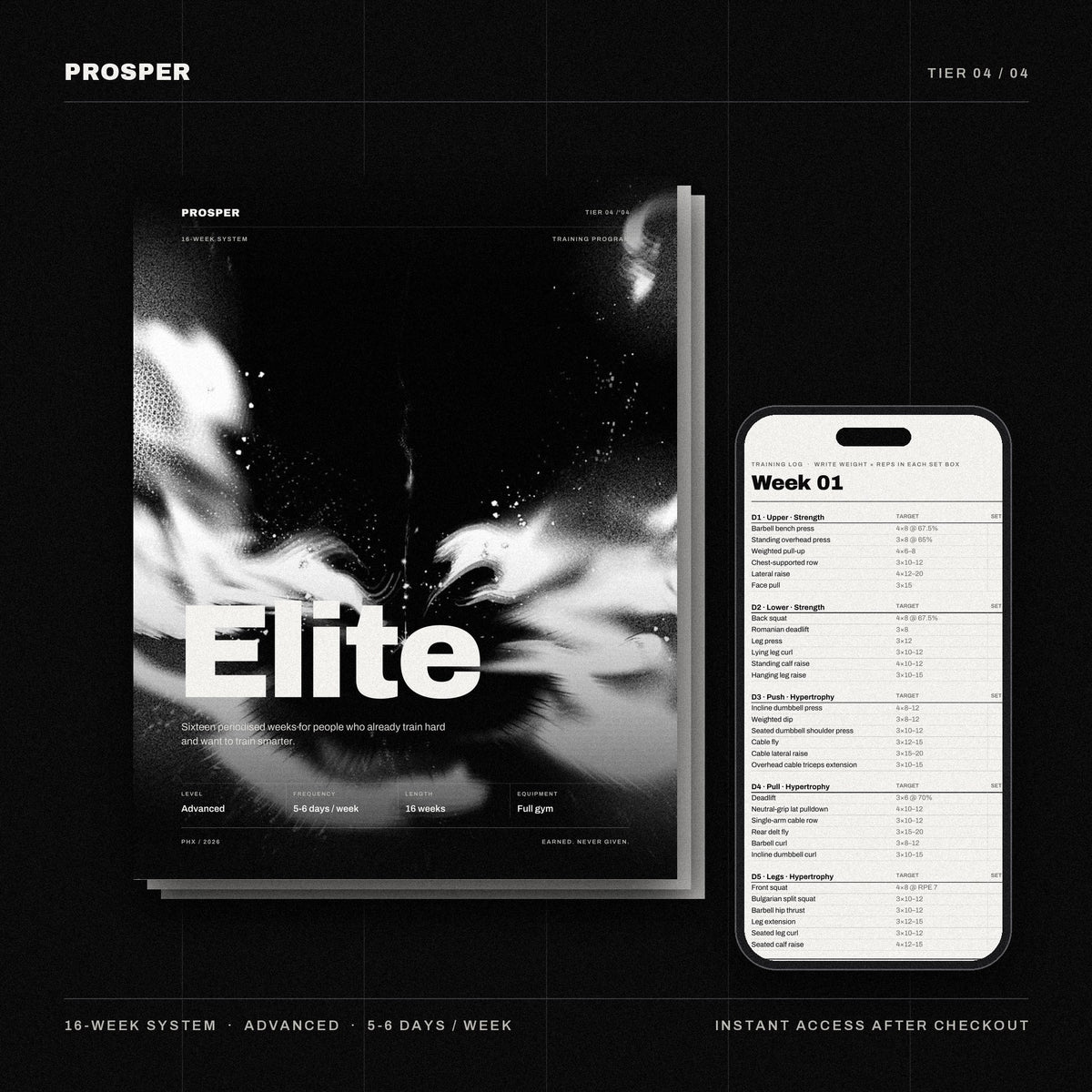 PROSPER ELITE 16-week system: cover and week 1 training log on a phone