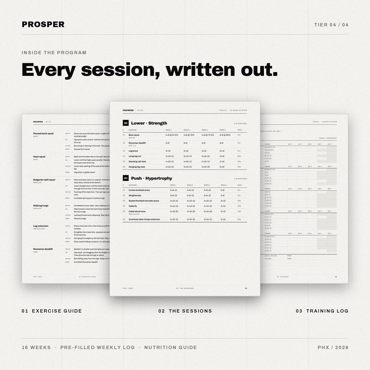 Inside PROSPER ELITE: exercise guide, written sessions and weekly training log