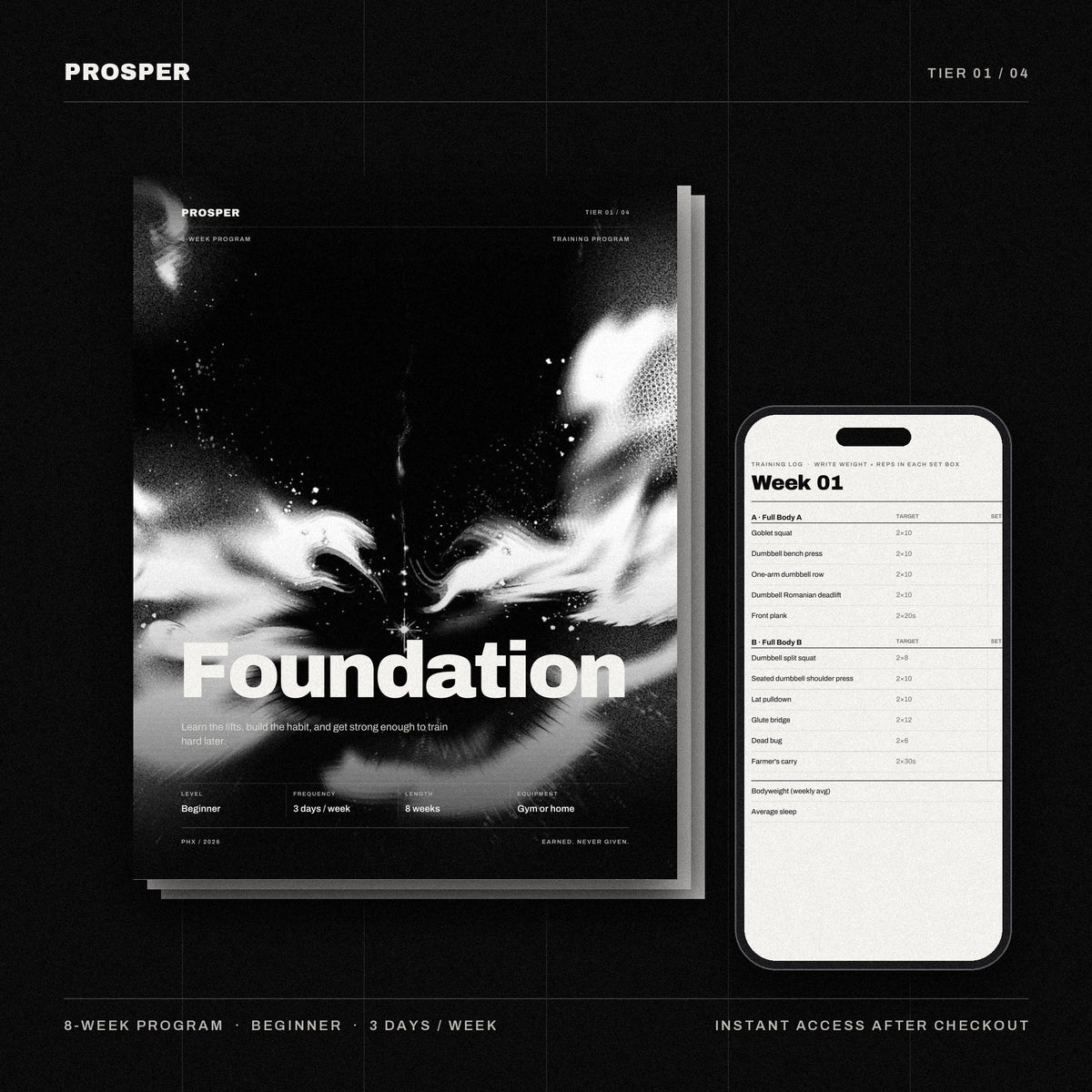 PROSPER FOUNDATION 8-week program: cover and week 1 training log on a phone