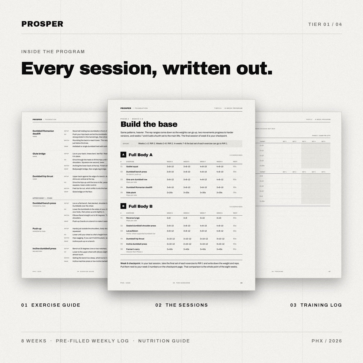 Inside PROSPER FOUNDATION: exercise guide, written sessions and weekly training log