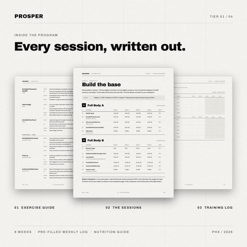Inside PROSPER FOUNDATION: exercise guide, written sessions and weekly training log