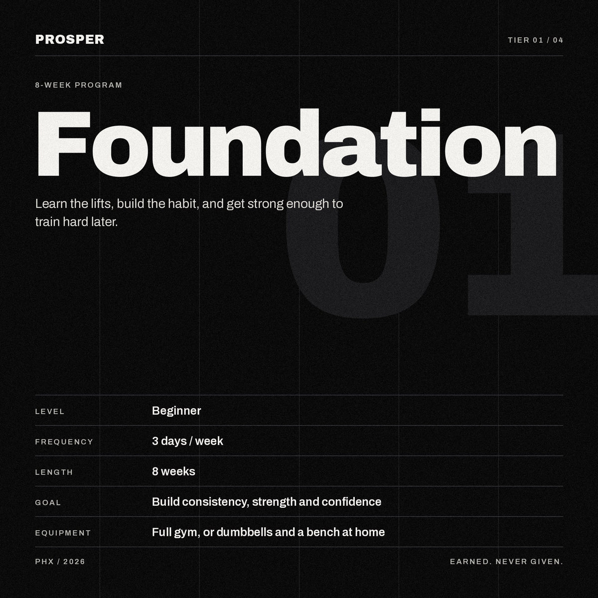 PROSPER FOUNDATION: beginner, 3 days a week, 8 weeks, gym or home