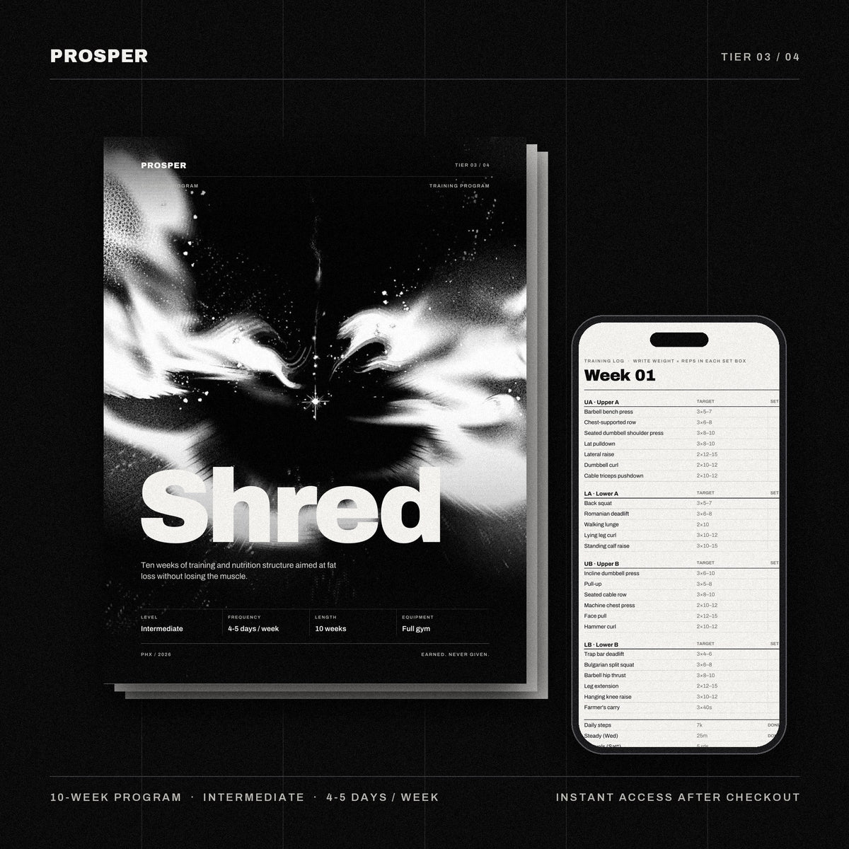 PROSPER SHRED 10-week program: cover and week 1 training log on a phone
