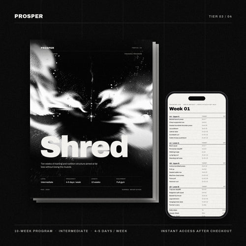 PROSPER SHRED 10-week program: cover and week 1 training log on a phone