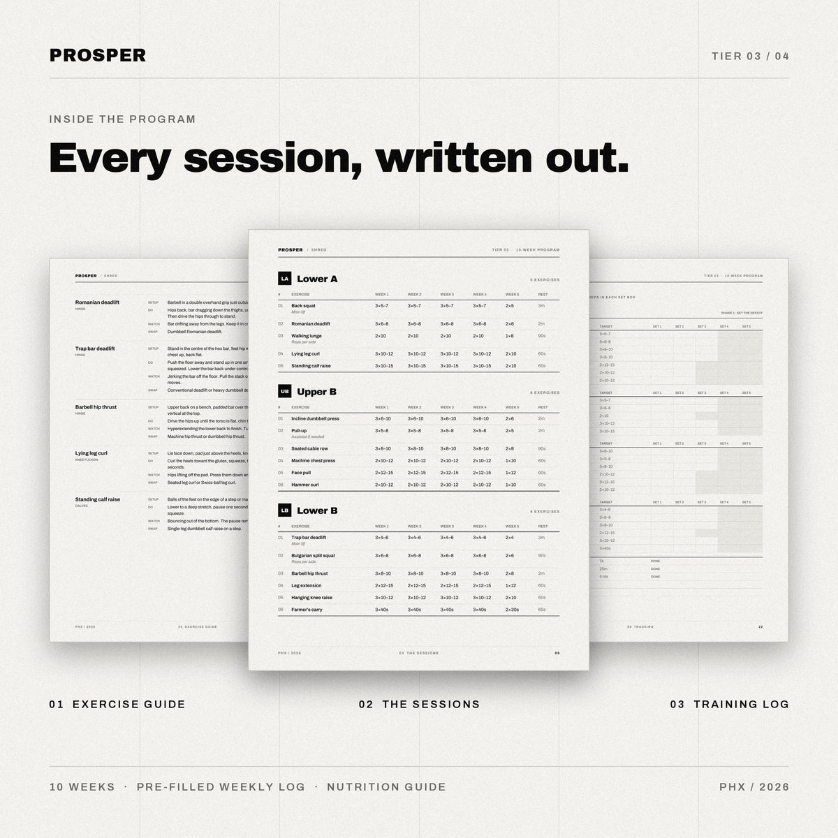 Inside PROSPER SHRED: exercise guide, written sessions and weekly training log