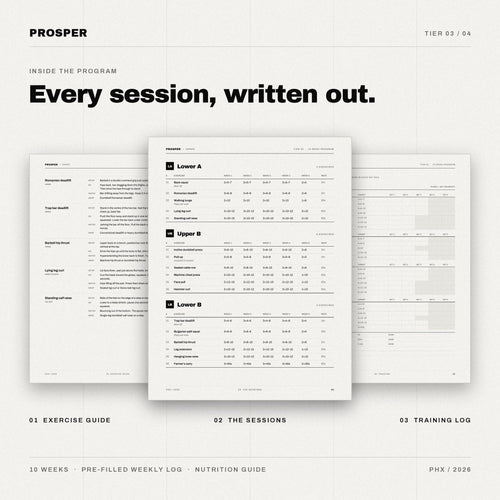 Inside PROSPER SHRED: exercise guide, written sessions and weekly training log